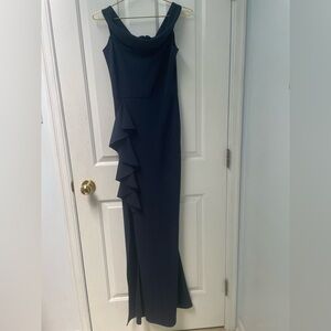 6 Missguided+ Boat Neck Navy Sleeveless Ruffle Full Length Column Gown